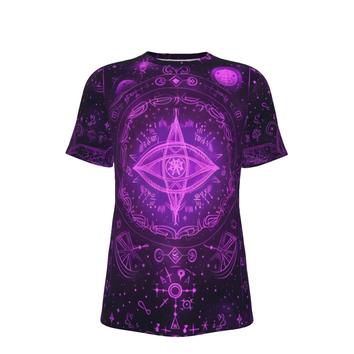 Mystical Fantasy T - Shirt, Arcane Magic Symbol T - Shirt, Witchcore Celestial Light T - Shirt, Vibrant Occult Energy T - Shirt, Esoteric Purple Spell T - Shirt