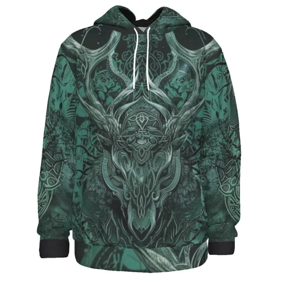 Viking Hoodie with Antler Design, Norse Mythology Inspired Hooded Sweatshirt, Tribal Graphic Winter Wear, Medieval Fantasy Clothing