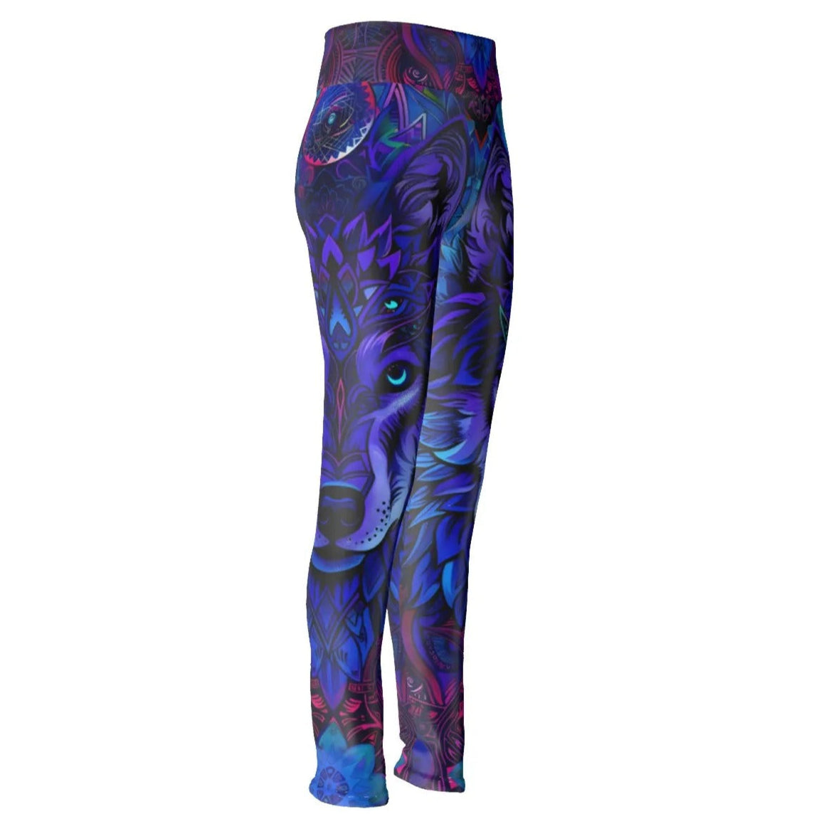 Wolf Mandala High Waist Leggings for Women, Tribal Spirit Animal Yoga Pants with Blue Violet Geometric Wolf Design