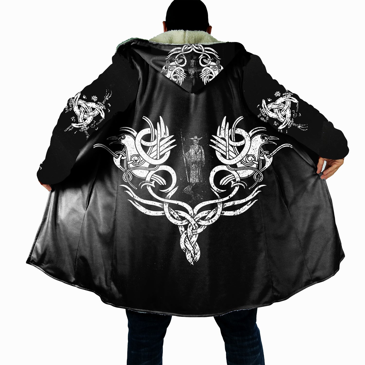 Viking Odin Cloak, Norse Celtic Knot Hooded Robe, Sherpa Fleece Warrior Cape, Nordic Mythology Blanket Hoodie for Men & Women