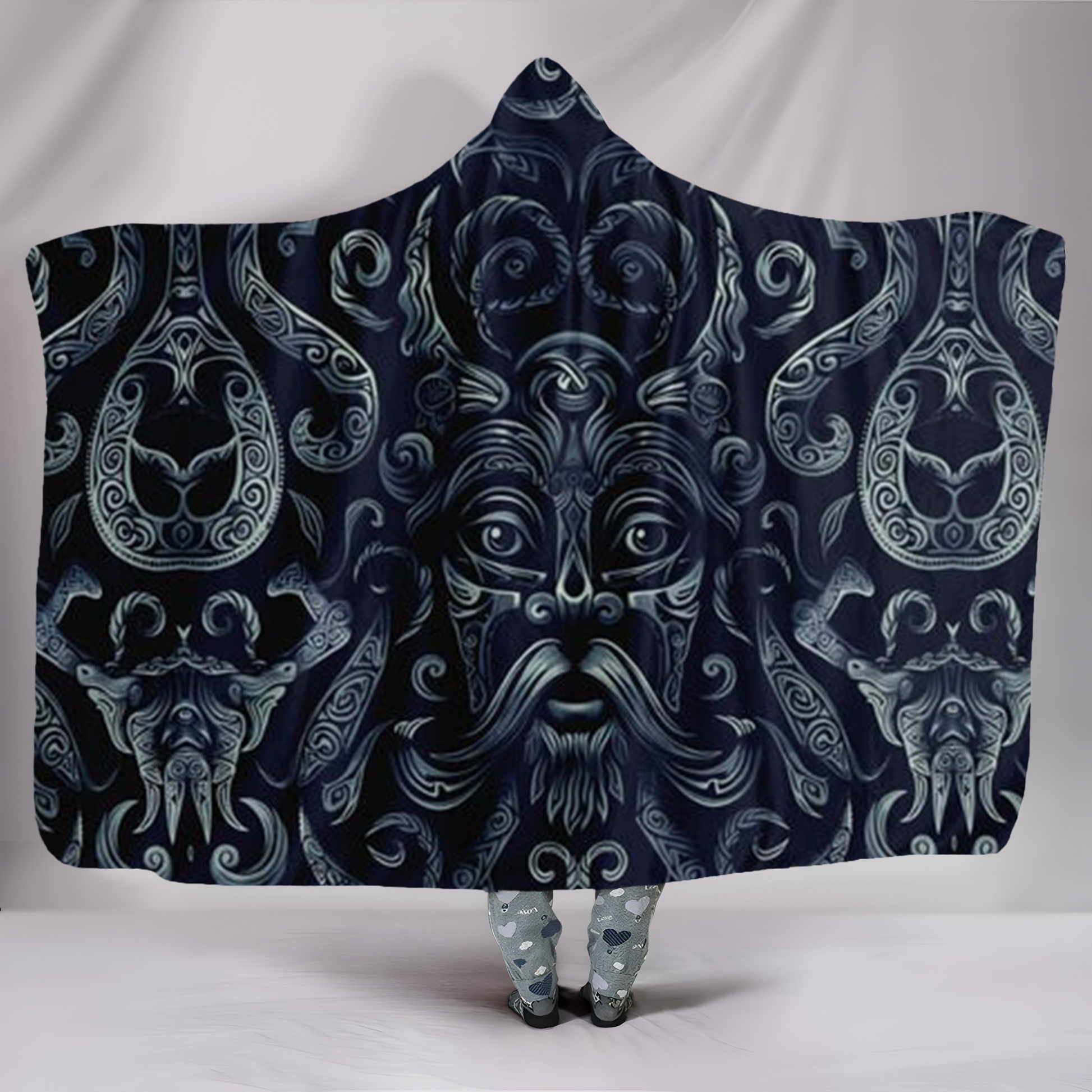 Viking Hooded Blanket with Norse Warrior Face Art, Dark Tribal Sherpa Fleece Throw, Nordic Mythology Cloak Cape for Men Women, Ancient Symbolic Gift. BLKAC38