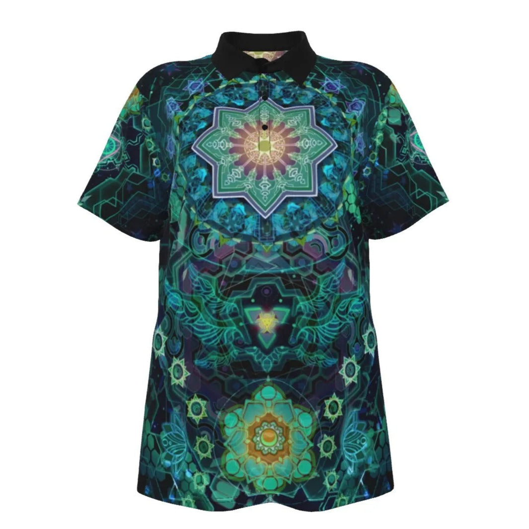 Women’s Yantric Geometry Polo Shirt, Sacred Mandala Energy Top with Spiritual Symbols & Meditation, Inspired Art Design