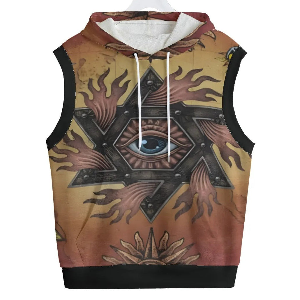Mystic Eye Mandala Sleeveless Hoodie, Sacred Geometry Pullover Tank Hoodie, Visionary Art Festival Streetwear, Esoteric Spiritual Gym Top