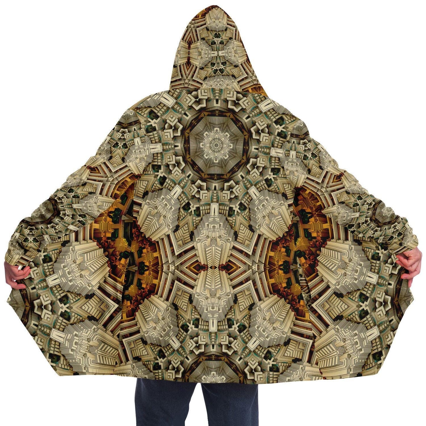 Mayan Mandala HOODED CLOAK, Fractal Cape, Neutral Tan Rave Jacket, Trippy Festival Coat, Unique Outerwear for Festivals, Fractal Art Robe