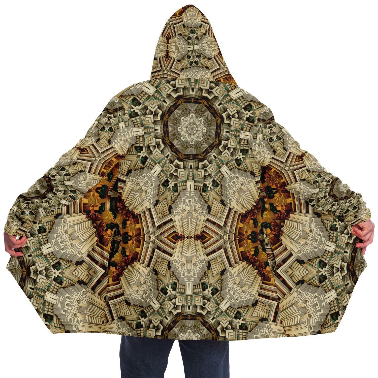 Mayan Mandala HOODED CLOAK, Fractal Cape, Neutral Tan Rave Jacket, Trippy Festival Coat, Unique Outerwear for Festivals, Fractal Art Robe