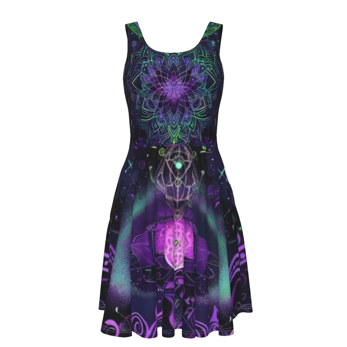 Women’s Mystic Aesthetic Dress, Psychedelic Print, Festival Dress, Boho Style, Vibrant Colors, Sleeveless Dress, Summer Fashion
