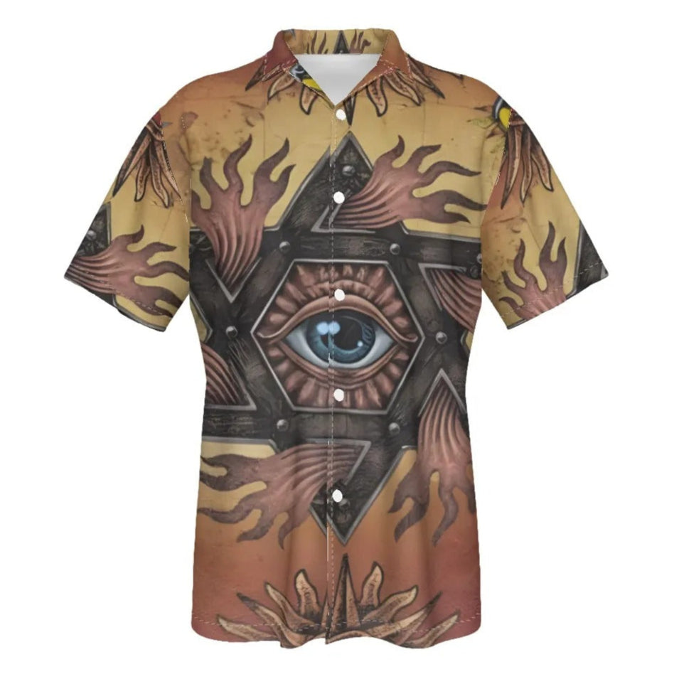 Mystic Eye Mandala Hawaiian Shirt, Sacred Geometry Aloha Shirt, Esoteric Psychedelic Resort Wear, Visionary Art Summer Button-Up