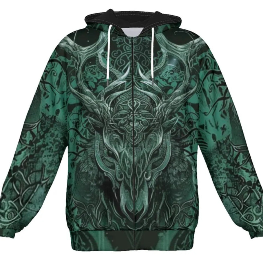 Viking Zip Hoodie with Antler Design, Norse Mythology Inspired Hooded Sweatshirt, Tribal Graphic Winter Wear, Medieval Fantasy Clothing