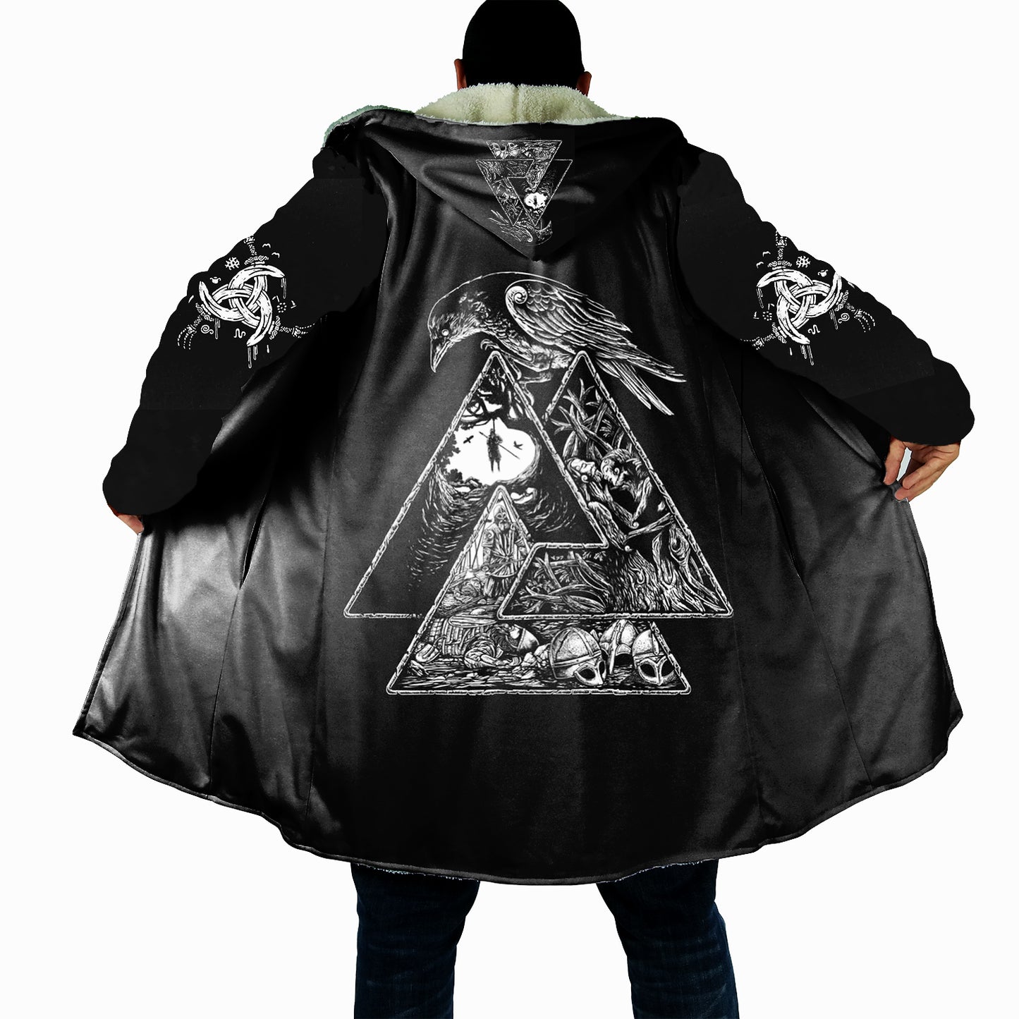 Valknut Raven Viking Cloak, Norse Warrior Hooded Robe, Odin’s Symbol Sherpa Blanket Hoodie, Nordic Mythology Cape for Men & Women
