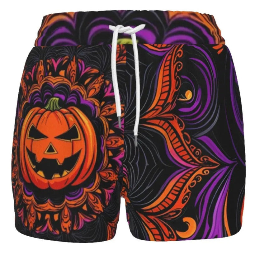 Pumpkin Mandala Magic Women’s Shorts, Halloween Costume Ideas, Halloween Jack-o’-Lantern Activewear, Spooky Mandala Art Bottoms, Halloween Horror Nights