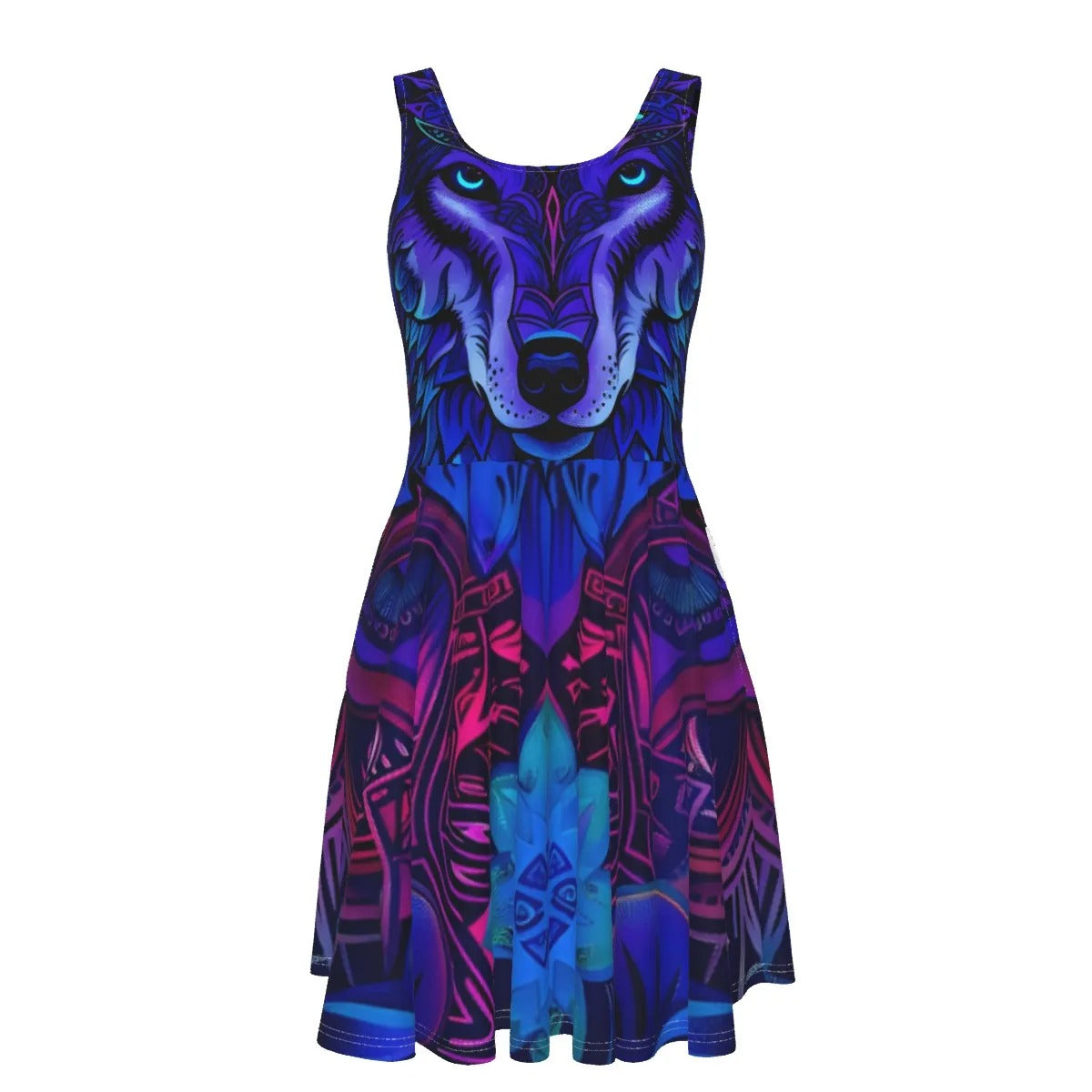 Wolf Mandala Dress, Women Dresses, Spirit Animal Dress, Blue Purple Wolf Art Dress, Tribal Festival Outfit, Psychedelic Animal Clothing, Boho Mystic Fashion, Shamanic Wear