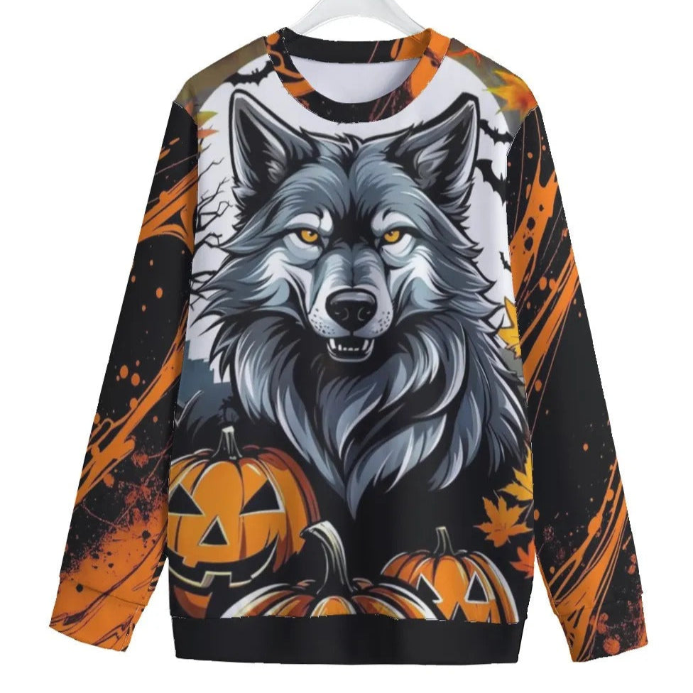 Howling Halloween Costumes Night Wolf Women’s Sweater, Spooky Pumpkin Bat Knitwear, Gothic Halloween Pullover, Couples Halloween Costumes