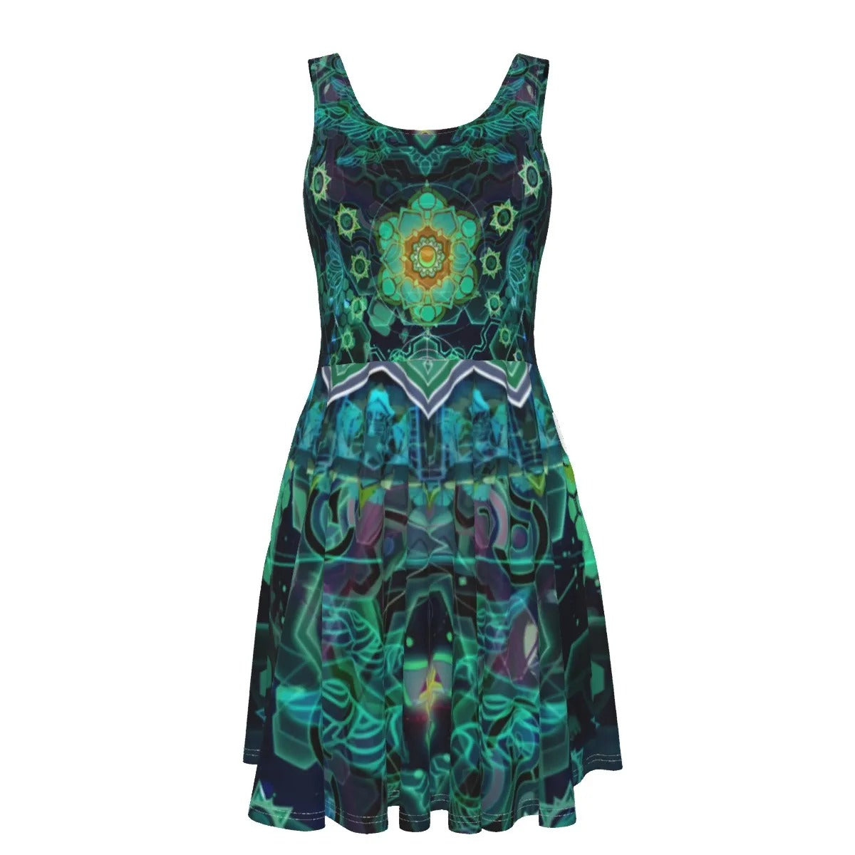Yantric Geometry Dress, Women Dresses, Sacred Geometry Dress, Green Mandala Art Dress, Psychedelic Festival Outfit, Spiritual Boho Clothing, Meditation Yoga Wear