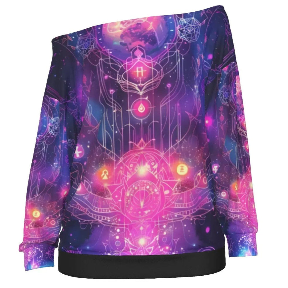 Cosmic Mysticism Off-Shoulder, Celestial Portal Energy Off-Shoulder, Astral Light Symbol Off - Shoulder, Vibrant Metaphysical Galaxy Off-Shoulder, Spiritual Geometry Off-Shoulder