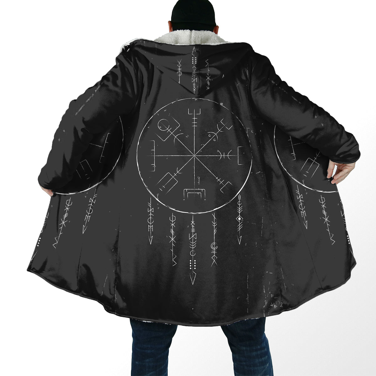 Nordic Rune Viking Cloak, Norse Magic Symbol Hooded Robe, Sherpa Blanket Hoodie, Ancient Runes Spiritual Cape for Men & Women