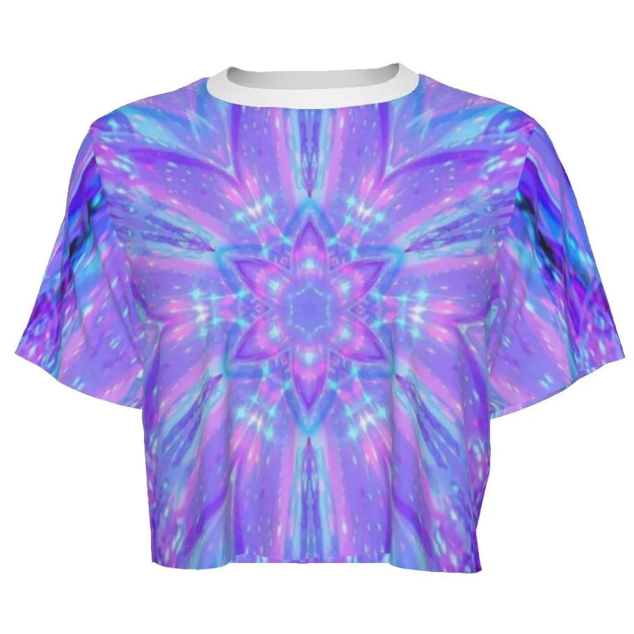Kaleio Galaxy Crop Top, Trippy Psychedelic Space Shirt, Holographic Mandala Festival Top, Cosmic Rave Fashion for Women
