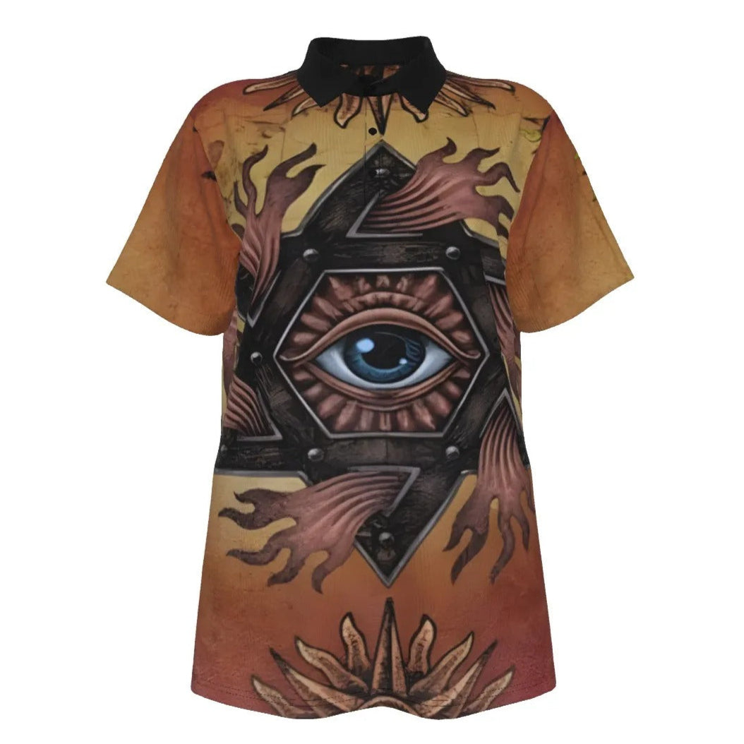 Mystic Mandala Women’s Polo Shirt, Sacred Geometry Eye Top, Psychedelic Sun Boho Polo, Spiritual Festival Wear