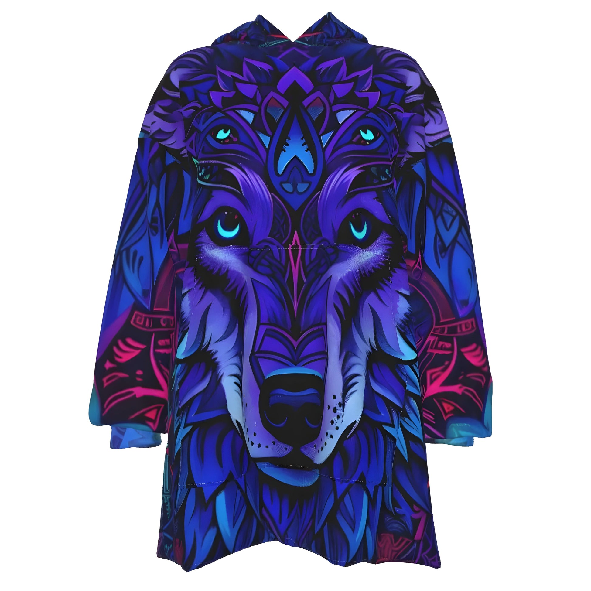 Wolf Mandala Sherpa Fleece Hoodie, Spirit Animal Hoodie, Blue Purple Wolf Art, Tribal Festival Jacket, Psychedelic Outerwear, Boho Mystic Clothing, Shamanic Fashion, Women Hooded Coat
