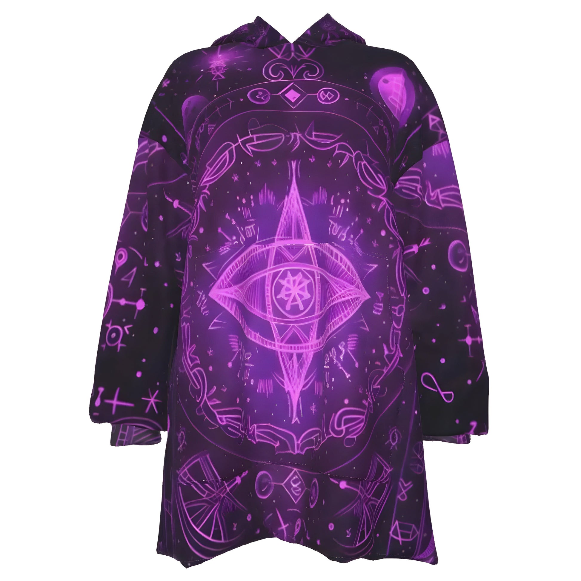 Mystical Fantasy Sherpa Fleece Hoodie, All Seeing Eye Hoodie, Purple Magic Symbols Jacket, Psychedelic Hooded Outerwear, Spiritual Festival Wear, Witchcore Clothing, Boho Mystic Fashion