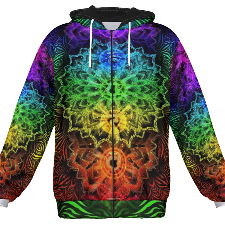 Sacred Chakra Mandala Zip Up Hoodie, Vibrant Rainbow Energy Healing Zip Up Hoodie, Spiritual Energy Symbol, Colorful Sacred Geometry Zip Up Hoodie, Mandala Zip Up Hoodie