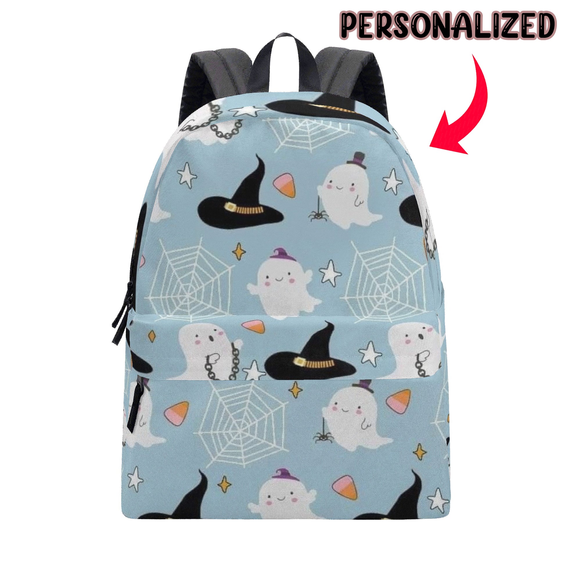 Back to School Personalized Halloween Backpack, Cute Ghost & Witch Hat Kids Bookbag, Light Blue School Bag, Back to School Trick or Treat Bag