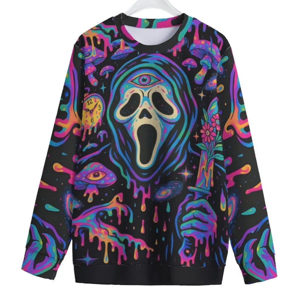 Psychedelic Halloween Costume Ideas Mushrooms Women’s Sweater, Couples Halloween Costumes, Neon Trippy Mushroom Knitwear, Spooky Halloween Pullover, Horror Art Fashion