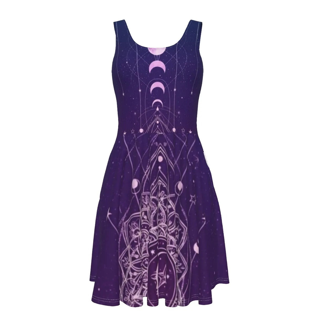 Mystic Lunar Mandala Dress, Moon Phase Spiritual Women’s Dress, Celestial Lotus Print Dress, Sacred Geometry Cosmic Outfit, Boho Mystic Style