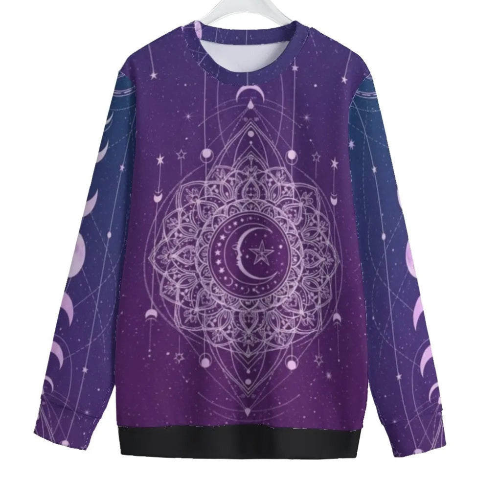 Mystic Lunar Mandala Women’s Sweater, Moon Phase Spiritual Pullover, Celestial Lotus Knitwear, Sacred Geometry Cosmic Sweater, Boho Mystic Style