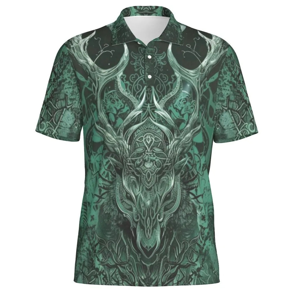 Viking Polo Shirt with Antler Design For Men, Norse Mythology Inspired Graphic Polo, Medieval Fantasy Clothing, Tribal Nature Fashion
