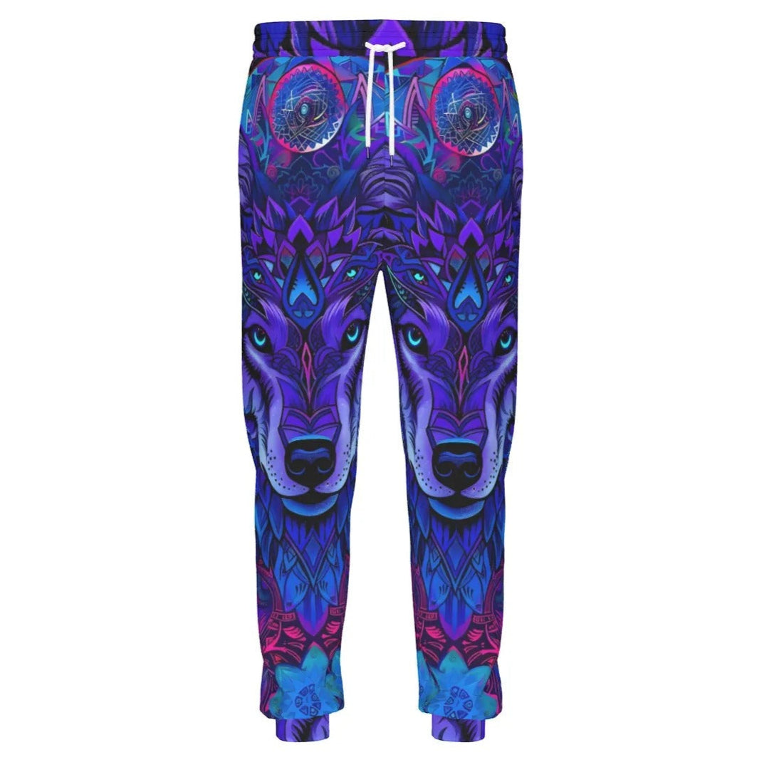 Wolf Mandala Joggers, Psychedelic Spiritual Sweatpants, Mystic Wolf Spirit Animal Pants, Visionary Art Festival Wear, Boho Cosmic Style