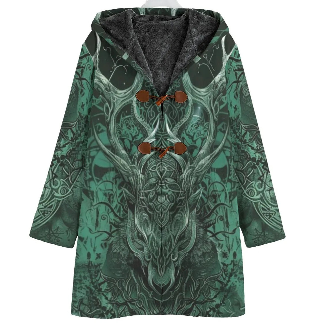 Viking Coat with Antler Design, Norse Mythology Inspired Hooded Cloak, Warm Fleece Lined, Medieval Fantasy Cosplay, Winter Cloak