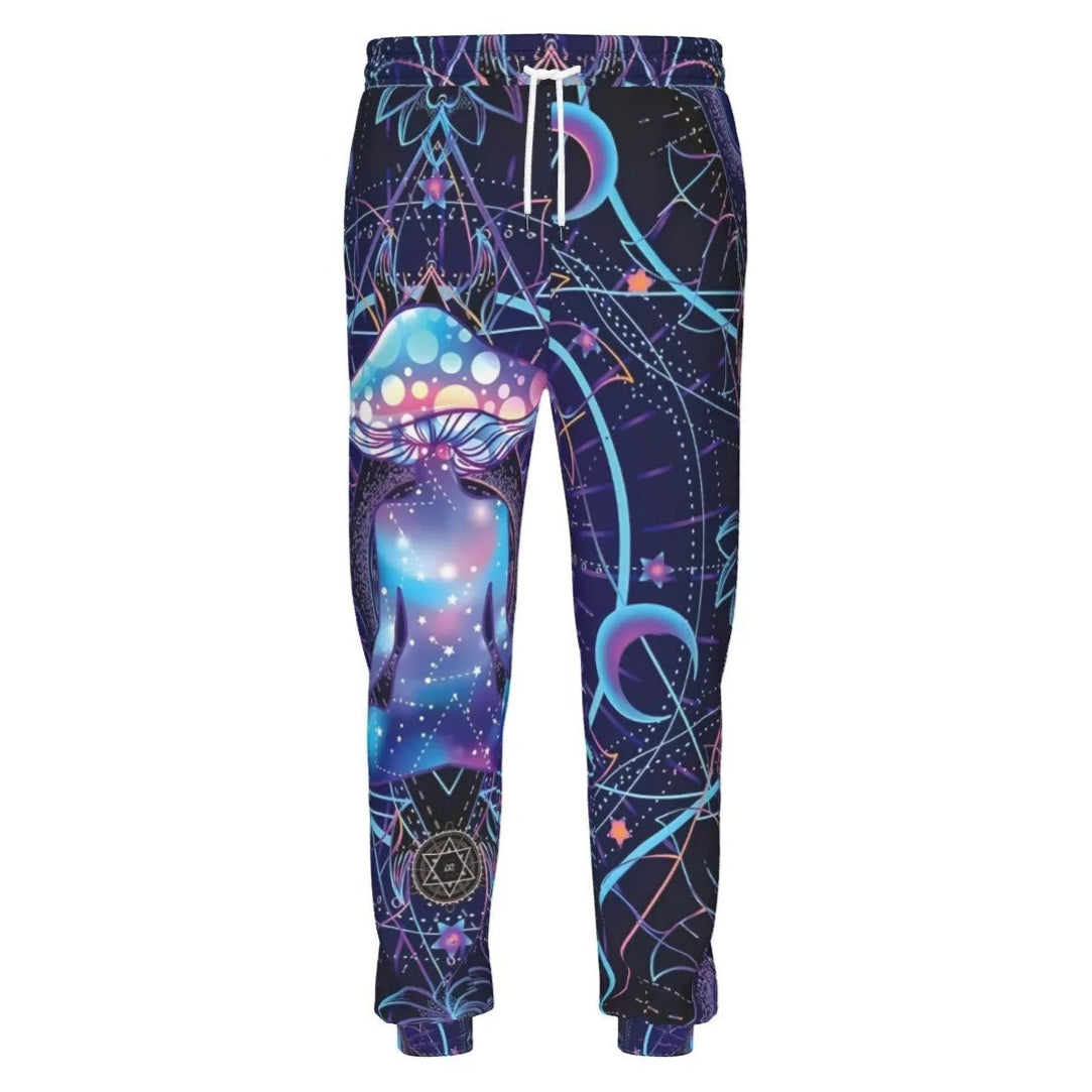 Mystic Mushroom Awakening Joggers, Psychedelic Spiritual Sweatpants, Cosmic Mushroom Pattern Pants, Visionary Art Festival Bottoms, Boho Mystic Style