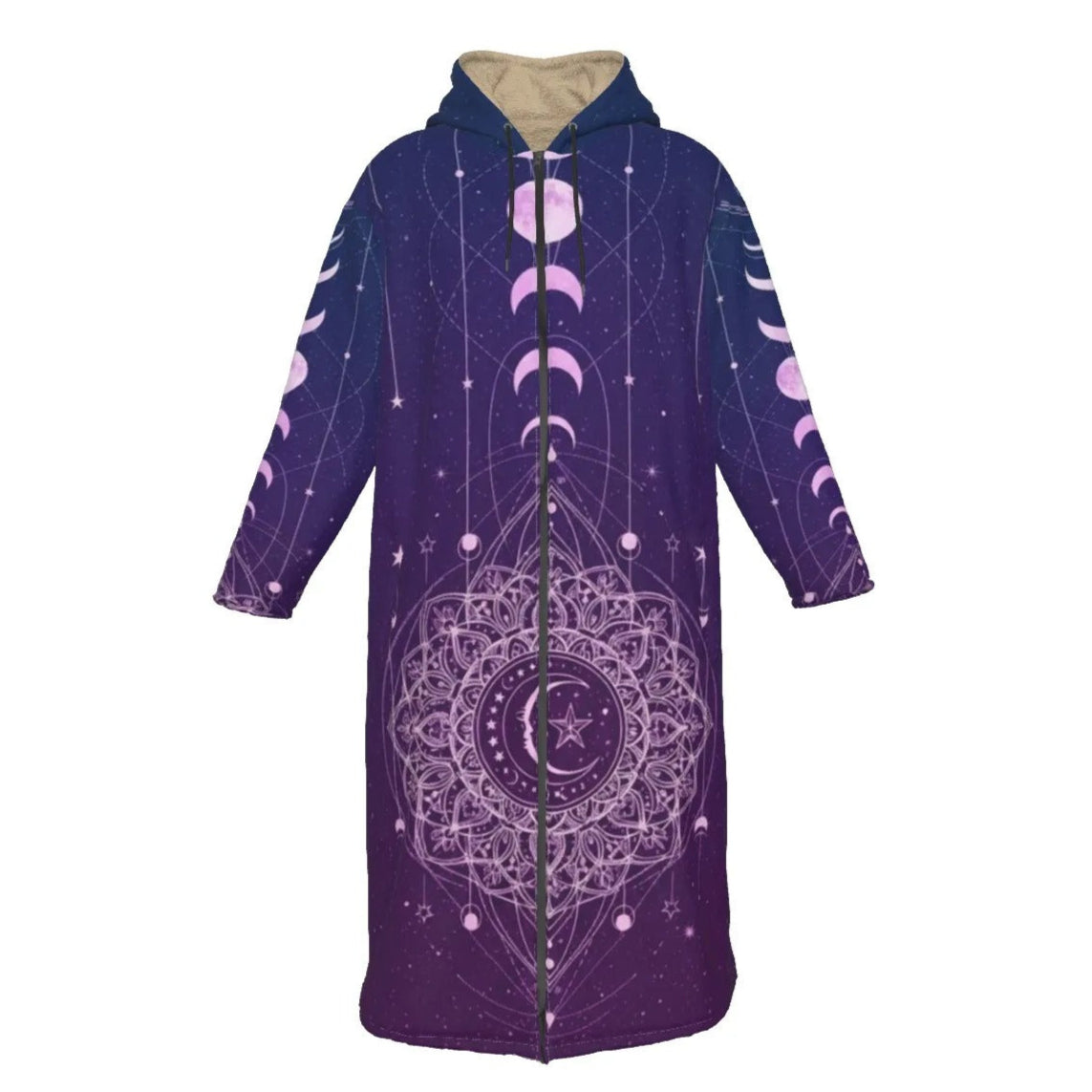 Mystic Lunar Mandala Zip-Up Cloak, Moon Phase Spiritual Hooded Cape, Celestial Lotus Zipper Cloak, Sacred Geometry Cosmic Outerwear, Boho Mystic Style