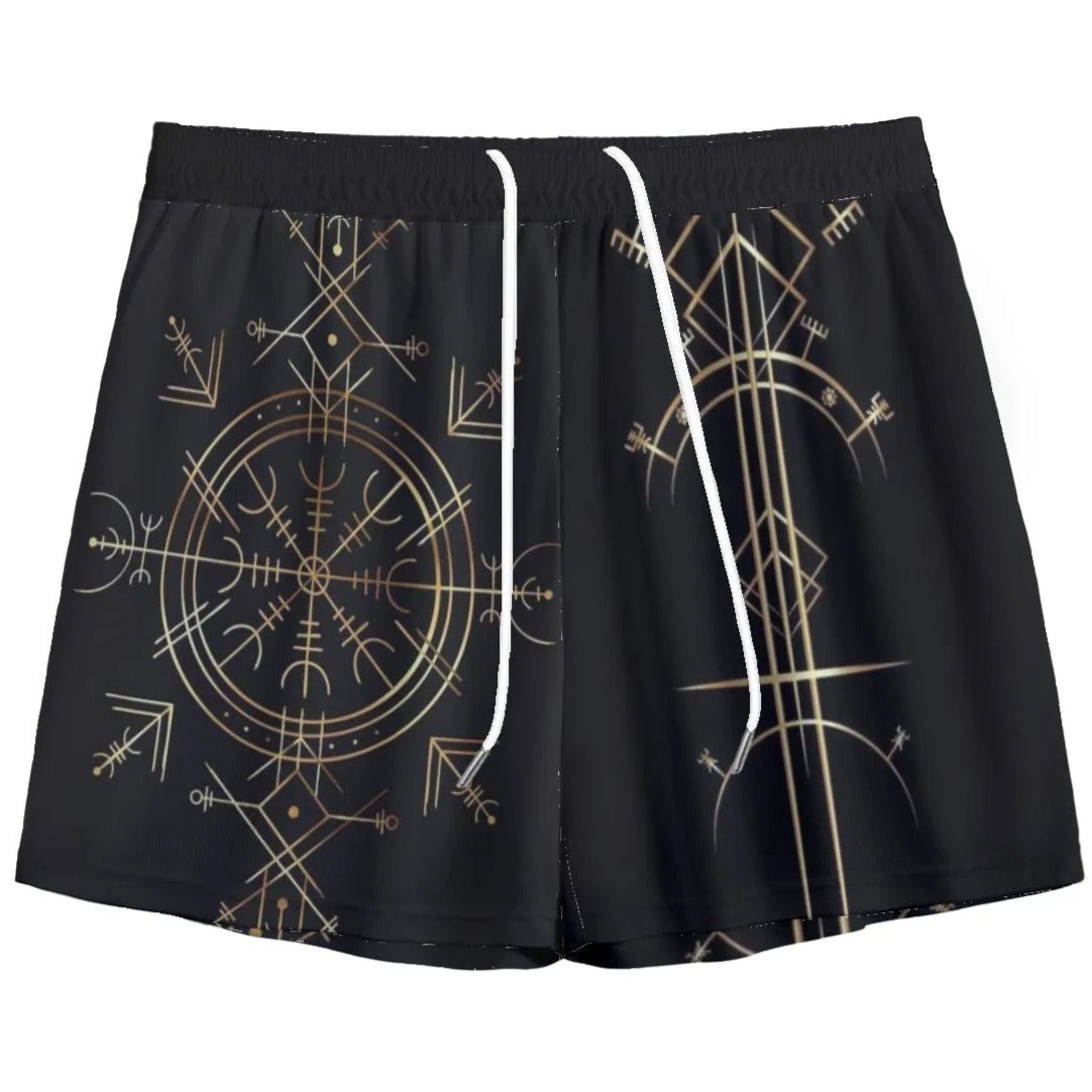 Viking Vegvisir Mysticism Shorts, Norse Rune Athletic Shorts, Nordic Viking Symbol Bottoms, Viking Spiritual Activewear, Sacred Geometry Shorts