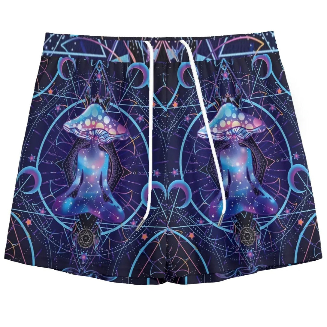 Mystic Mushroom Awakening Shorts, Psychedelic Spiritual Bottoms, Cosmic Mushroom Print Shorts, Visionary Art Festival Wear, Boho Mystic Style