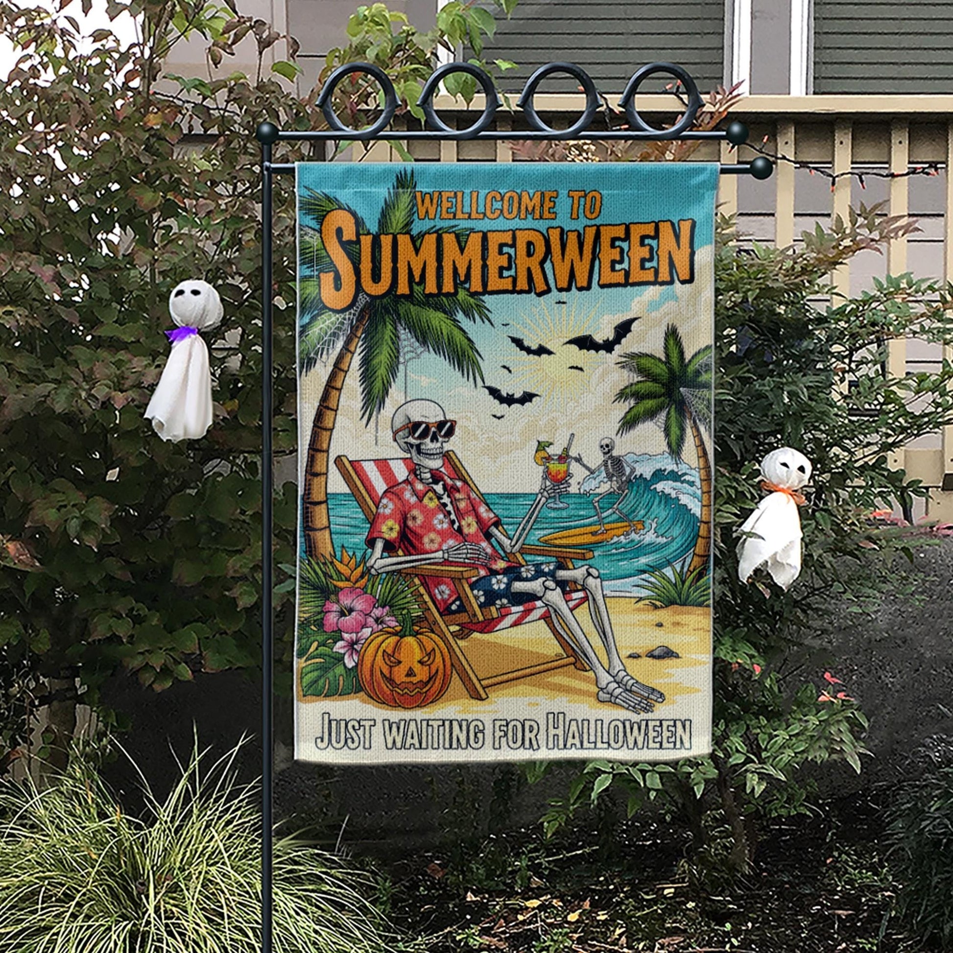 Personalized Halloween Flag, Summerween Garden Flag, Skeleton Beach Decor, Waiting for Halloween Gift