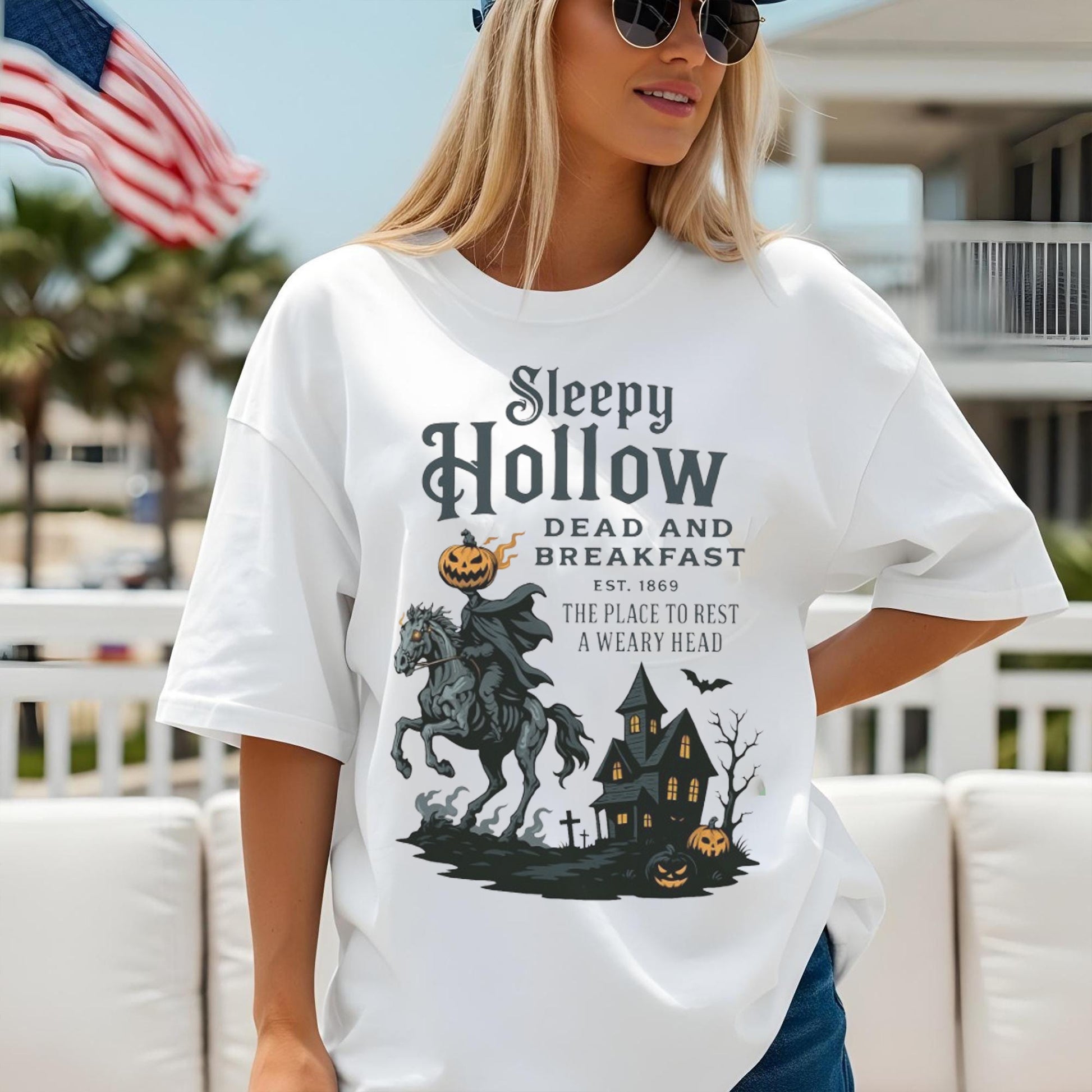 Sleepy Hollow Halloween T-Shirts, Headless Horseman Halloween Tee Shirts, Vintage Spooky Haunted House Shirt, Pumpkin Horror Graphic Top, Halloween T Shirts For Adults