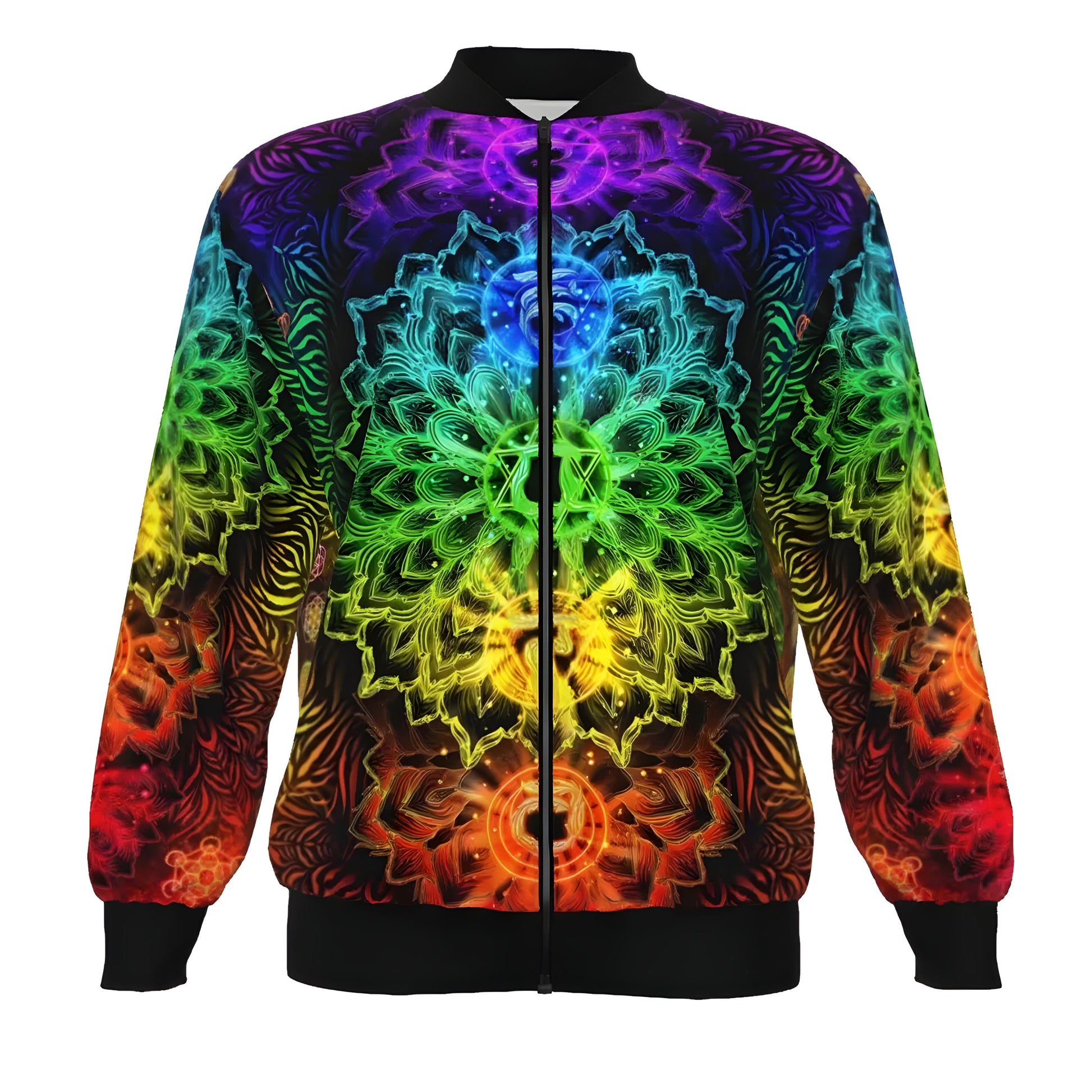 Sacred Chakras Bomber Jacket, Colorful Chakra Design, Spiritual Sports Jacket, Rainbow Festival Wear, Psychedelic Bomber Jacket