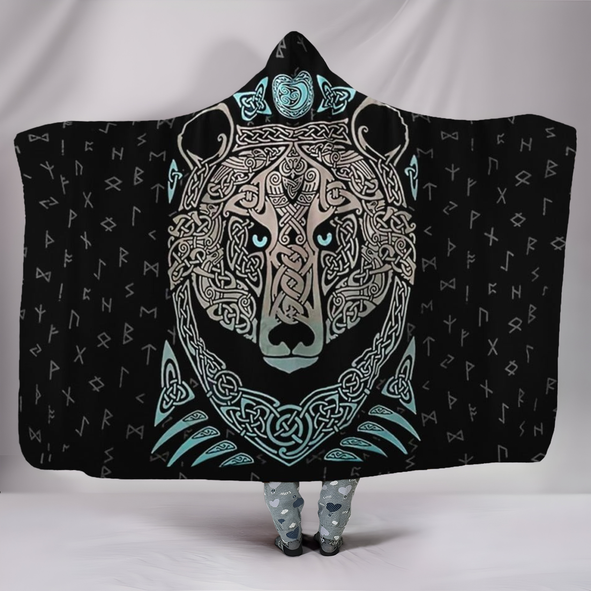 Viking Hooded Blanket with Norse Rune Bear Design, Celtic Knot Fleece Sherpa Throw, Nordic Warrior Cloak Cape for Men Women, Mythology Gift Idea. BLKAC37