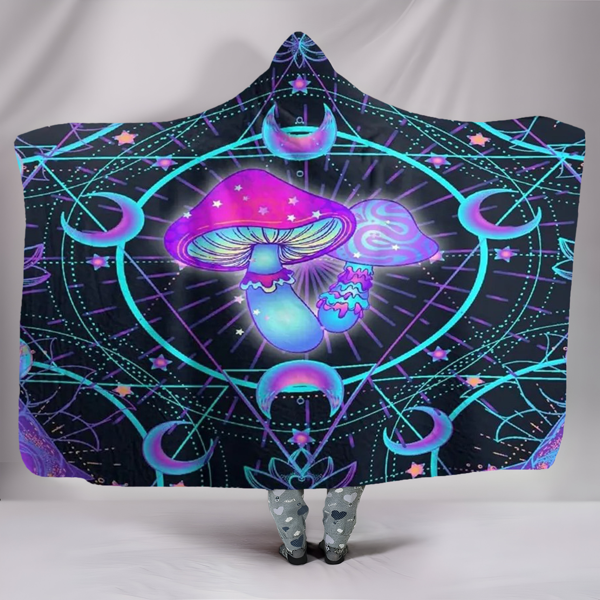 Mushroom Hooded Blanket, Magical Neon Fungi Design, Cozy Soft Warm Throw Blanket, Perfect Gift for Nature and Fantasy Lovers. BLKAC61