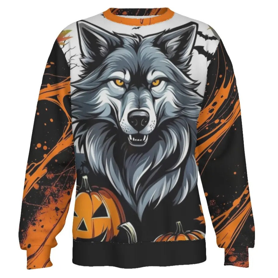 Howling Halloween Costumes Night Wolf Sweater, Spooky Pumpkin Bat Couples Halloween Costumes, Gothic Halloween Pullover