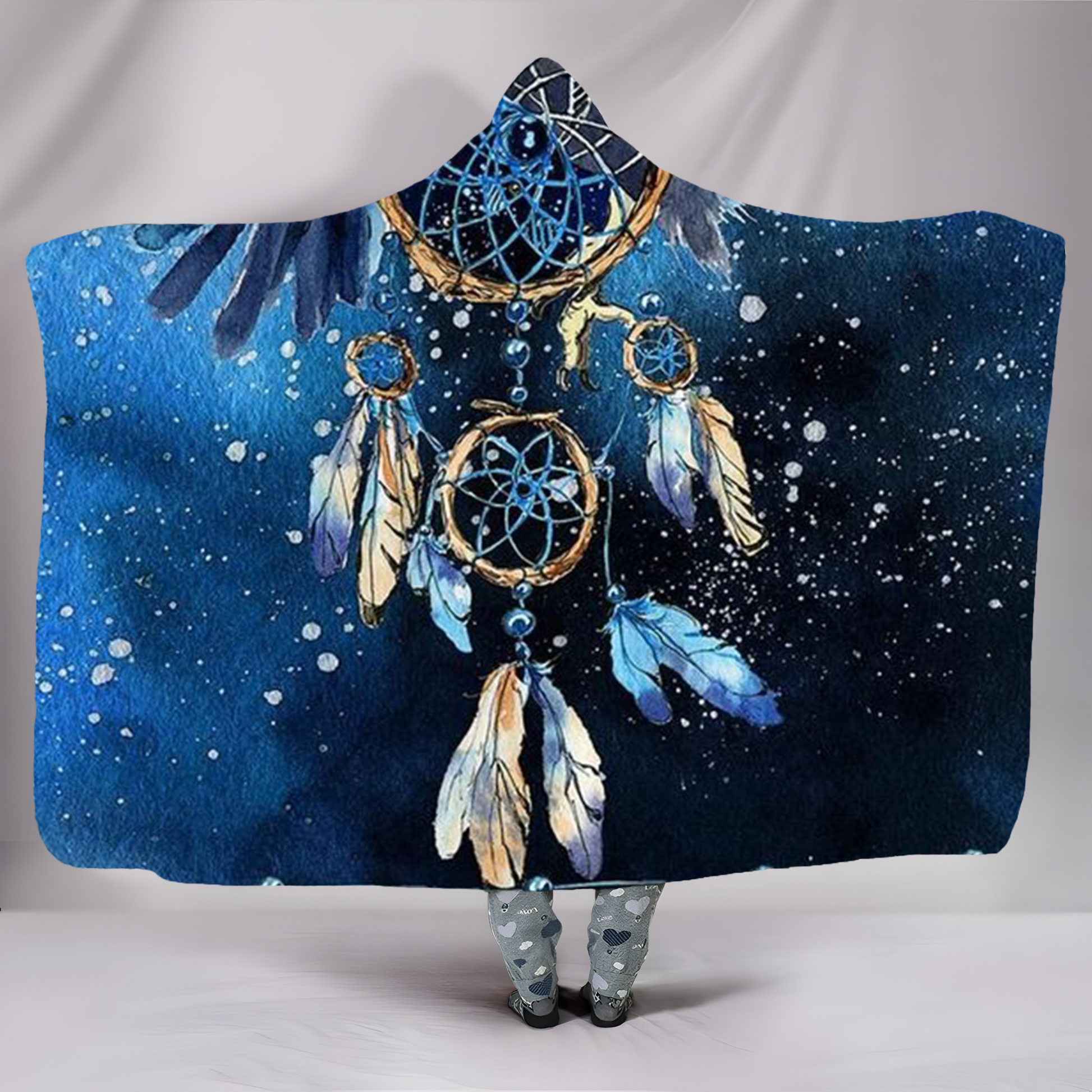 Native American Hooded Blanket, Dreamcatcher and Feather Design, Starry Night Sky Theme, Warm Cozy Indigenous Style Throw, Perfect Gift for Home and Outdoors. BLKAC50