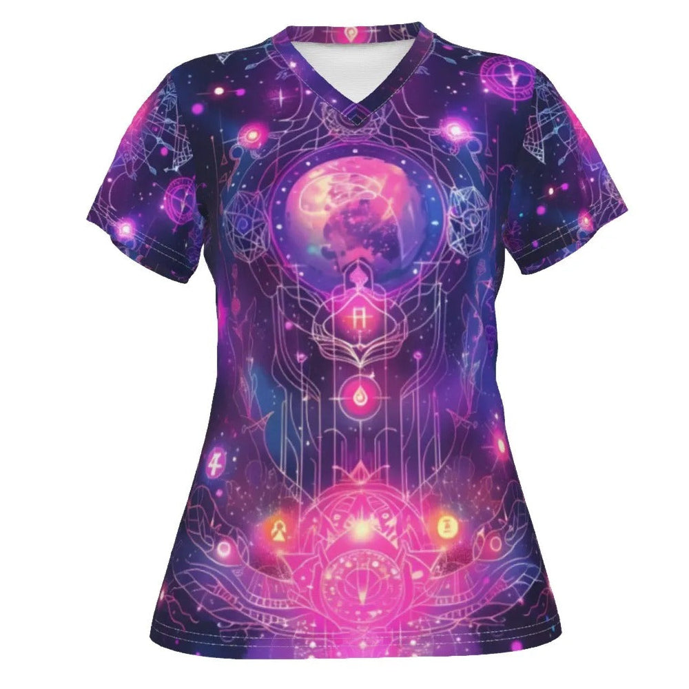 Mystical Cosmic V-Neck T-Shirt, Women’s Galaxy Symbol Shirt with Sacred Geometry Art, Women's Fit, V-neck Shirt, Shortsleeve