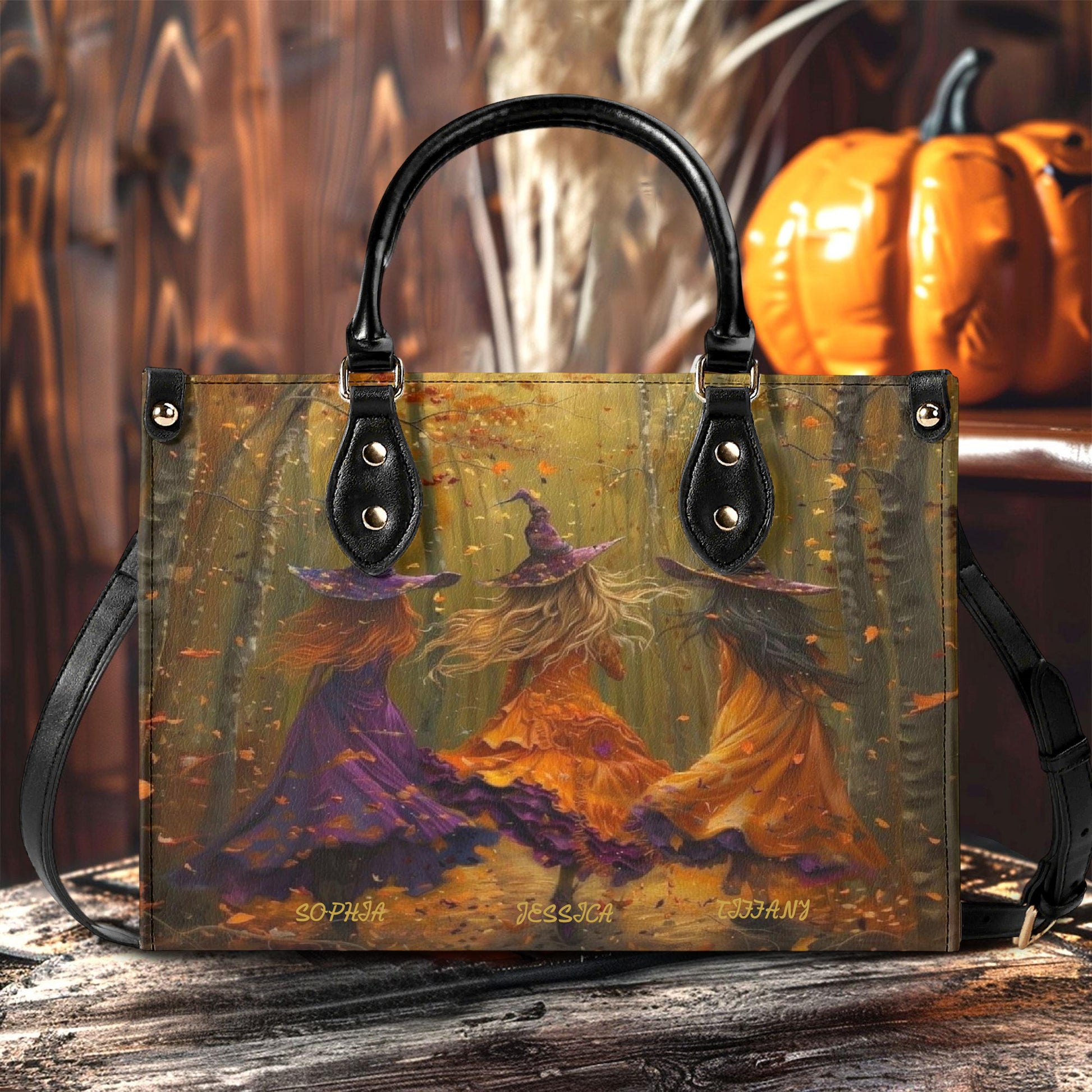 Personalized Witch Handbag, Custom Autumn Dance Tote, Halloween Witch Purse, Spooky Forest Fall Bag for Her, Custom Gifts for Halloween