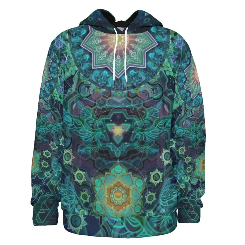 Yantric Geometry Hoodie, Sacred Mandala Energy Hoodie, Mystic Geometric Light Hoodie, Vibrant Spiritual Pattern Hoodie, Celestial Yantra Hoodie