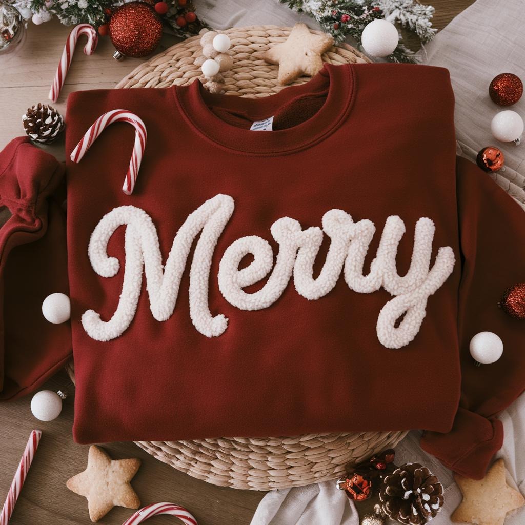 Merry Christmas Chenille Yarn Embroidered Sweatshirt, Christmas Embroidered Shirt, Merry and Bright Shirt, Holiday Style, Christmas Gift