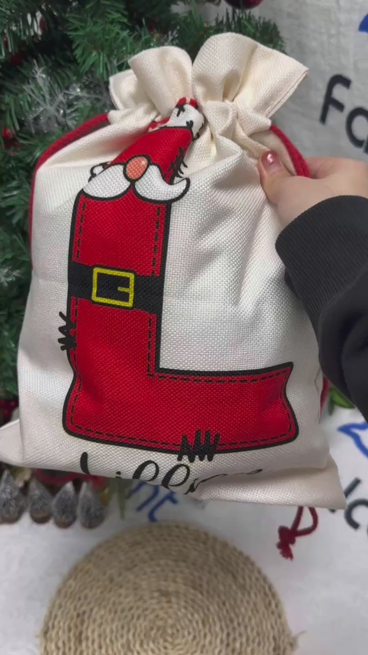Personalized Santa Sack, Christmas Gift Bag with Initial & Name, Santa Claus Print Holiday Bag, Custom Xmas Present Bag for Kids