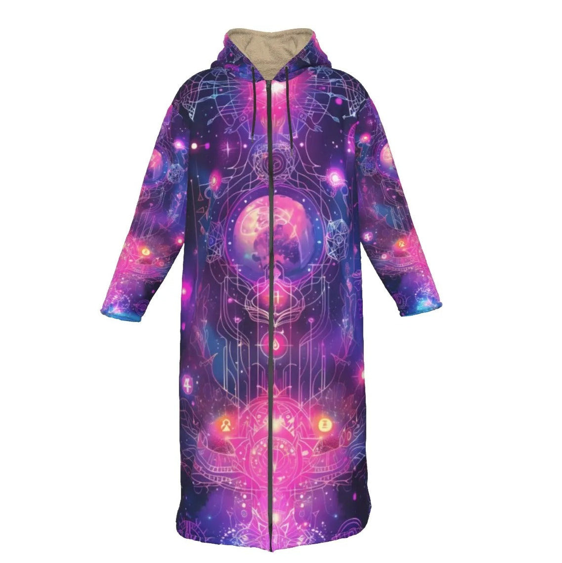 Cosmic Mysticism Zip-up Cloak, Psychedelic Zip Robe with Chakra Energy Design, Long Spiritual Festival Zip-up Cloak for Men & Women