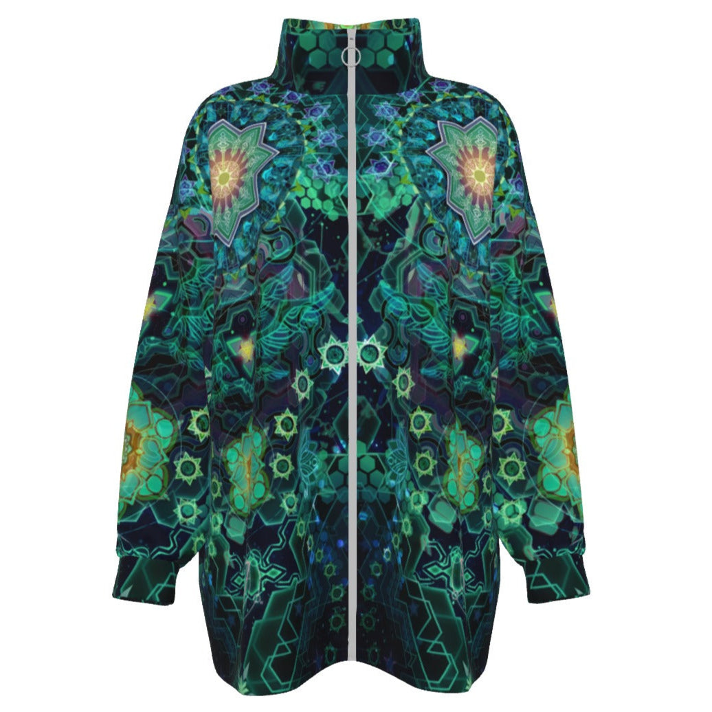 Yantric Geometry Coats Women, Sacred Mandala Energy Coats, Mystic Geometric Light Coats, Vibrant Spiritual Pattern Coats, Celestial Yantra Coats