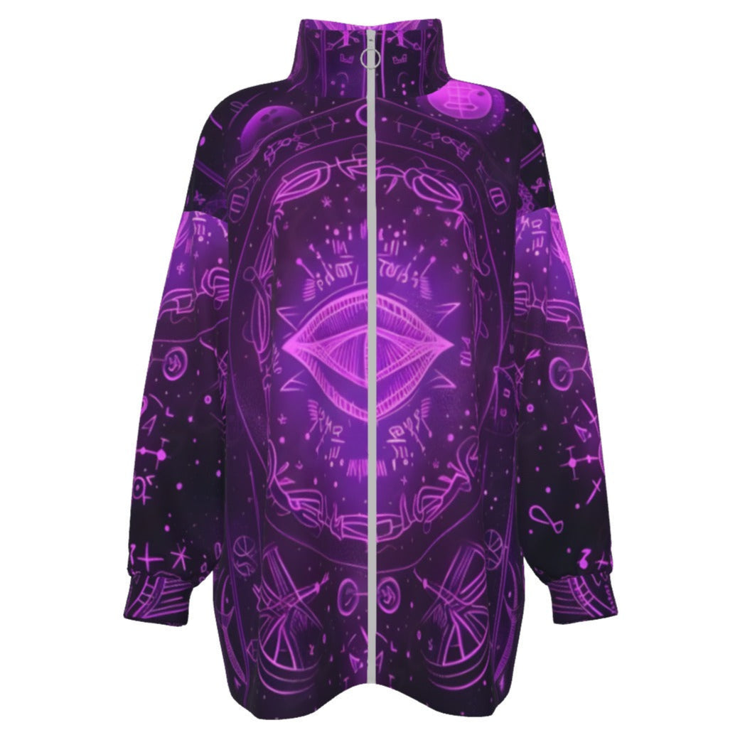 Mystical Fantasy Coats Women, Arcane Magic Symbol Coats, Witchcore Celestial Light Coats, Vibrant Occult Energy Coats, Esoteric Purple Spell Coats